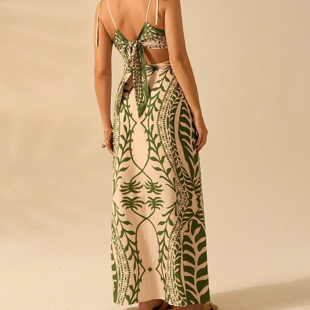 Green Boho Women's Coconut Print Hollow Waist Back Binding Sleeveless Dress - Picture 2 of 7